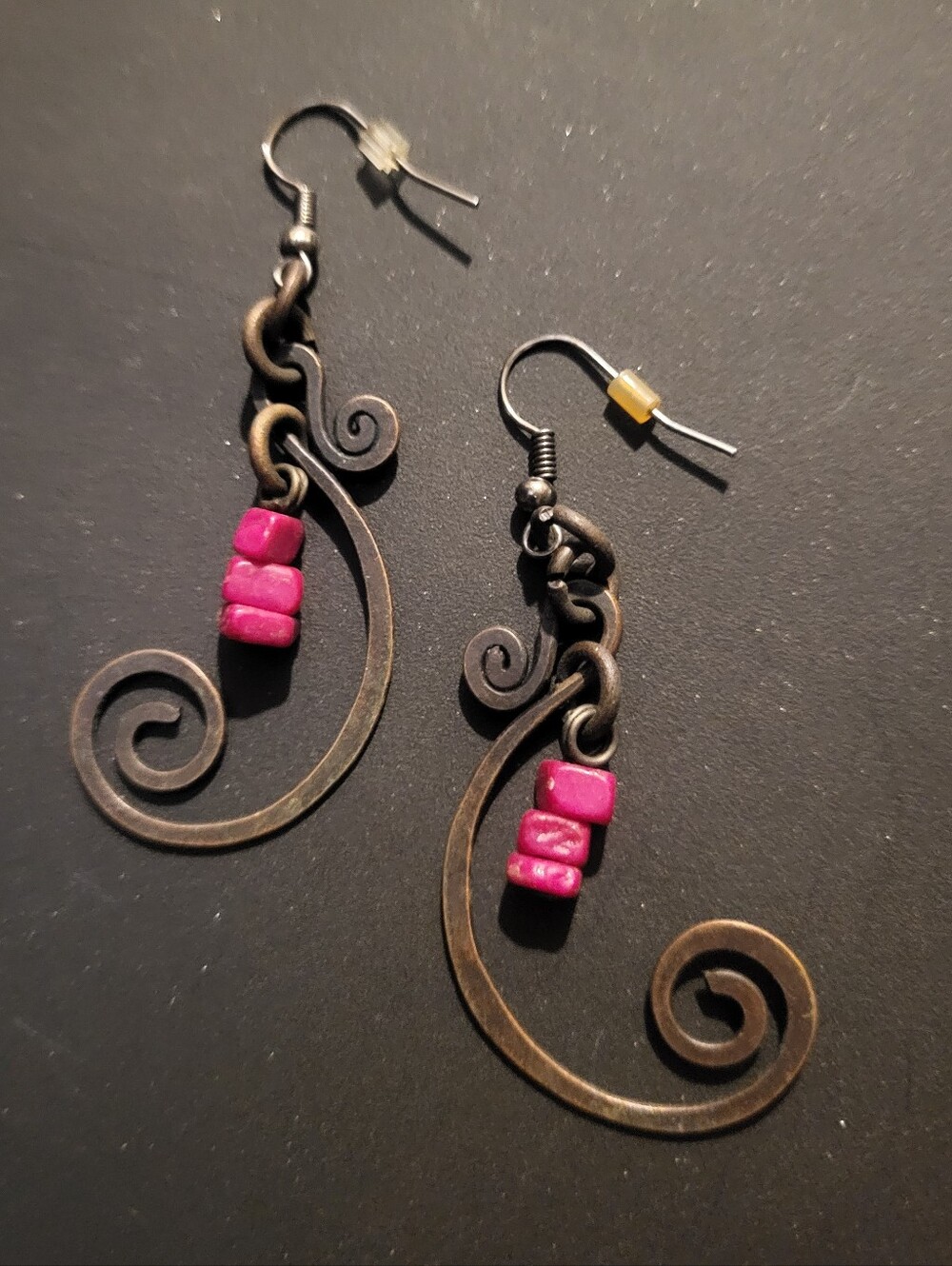 Handmade Bronze Wire Scroll Earrings with Red Gemstone Accents – Boho Style
